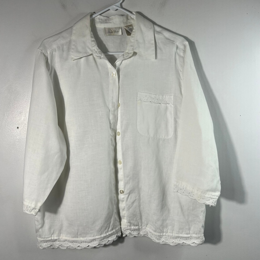 Vintage Studio Works Linen Button Shirt 1/2 Sleeve M White Eyelet